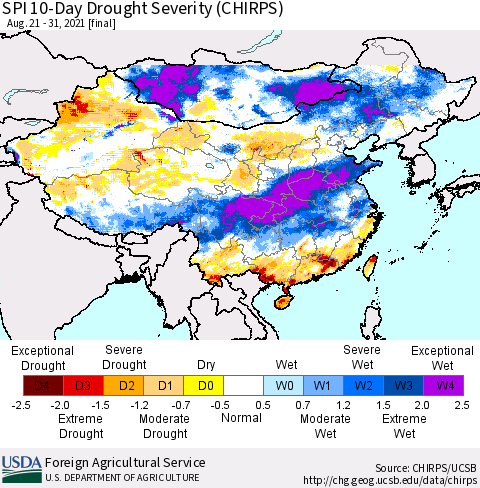 China, Mongolia and Taiwan SPI 10-Day Drought Severity (CHIRPS) Thematic Map For 8/21/2021 - 8/31/2021