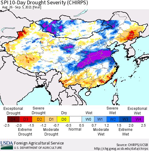 China, Mongolia and Taiwan SPI 10-Day Drought Severity (CHIRPS) Thematic Map For 8/26/2021 - 9/5/2021