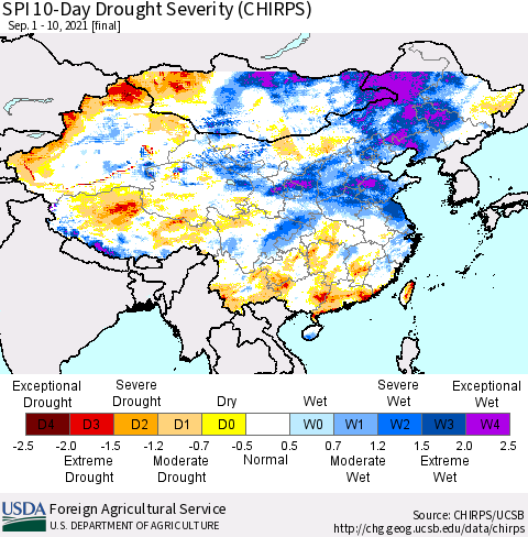 China, Mongolia and Taiwan SPI 10-Day Drought Severity (CHIRPS) Thematic Map For 9/1/2021 - 9/10/2021