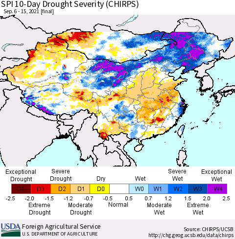 China, Mongolia and Taiwan SPI 10-Day Drought Severity (CHIRPS) Thematic Map For 9/6/2021 - 9/15/2021