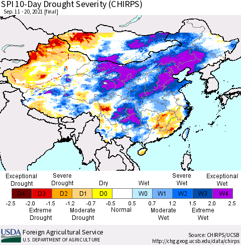 China, Mongolia and Taiwan SPI 10-Day Drought Severity (CHIRPS) Thematic Map For 9/11/2021 - 9/20/2021