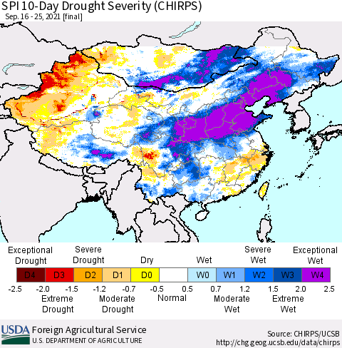 China, Mongolia and Taiwan SPI 10-Day Drought Severity (CHIRPS) Thematic Map For 9/16/2021 - 9/25/2021