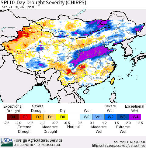 China, Mongolia and Taiwan SPI 10-Day Drought Severity (CHIRPS) Thematic Map For 9/21/2021 - 9/30/2021