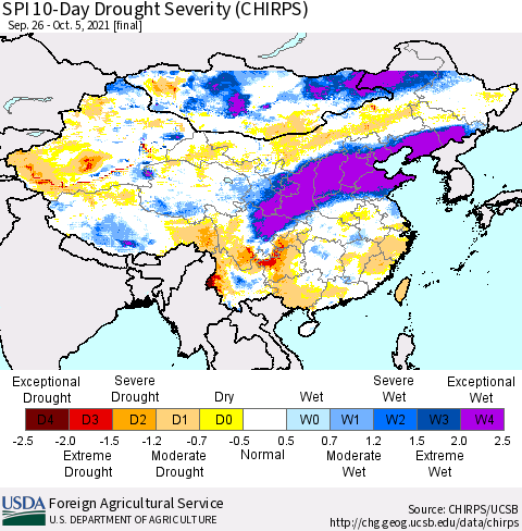 China, Mongolia and Taiwan SPI 10-Day Drought Severity (CHIRPS) Thematic Map For 9/26/2021 - 10/5/2021
