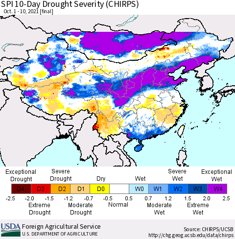 China, Mongolia and Taiwan SPI 10-Day Drought Severity (CHIRPS) Thematic Map For 10/1/2021 - 10/10/2021