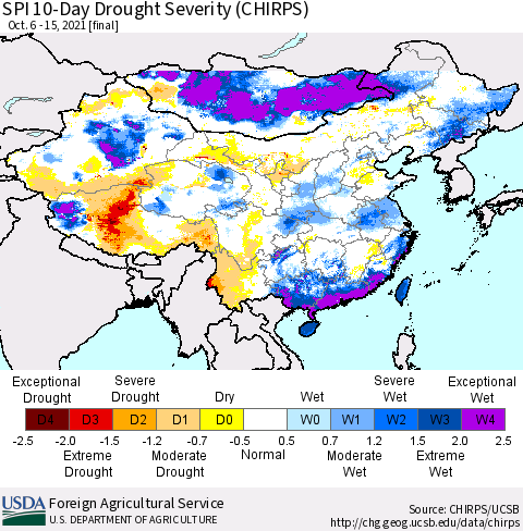 China, Mongolia and Taiwan SPI 10-Day Drought Severity (CHIRPS) Thematic Map For 10/6/2021 - 10/15/2021