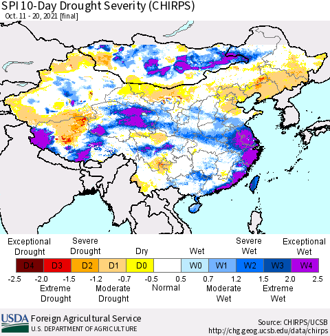China, Mongolia and Taiwan SPI 10-Day Drought Severity (CHIRPS) Thematic Map For 10/11/2021 - 10/20/2021