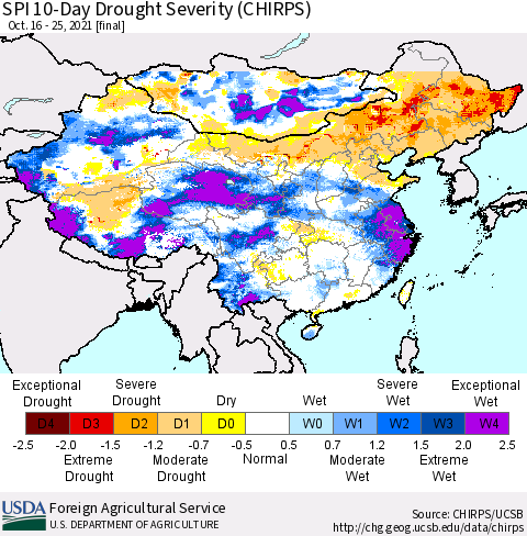 China, Mongolia and Taiwan SPI 10-Day Drought Severity (CHIRPS) Thematic Map For 10/16/2021 - 10/25/2021