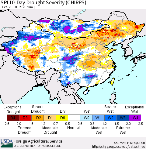 China, Mongolia and Taiwan SPI 10-Day Drought Severity (CHIRPS) Thematic Map For 10/21/2021 - 10/31/2021