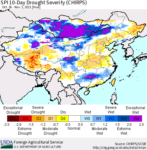 China, Mongolia and Taiwan SPI 10-Day Drought Severity (CHIRPS) Thematic Map For 10/26/2021 - 11/5/2021