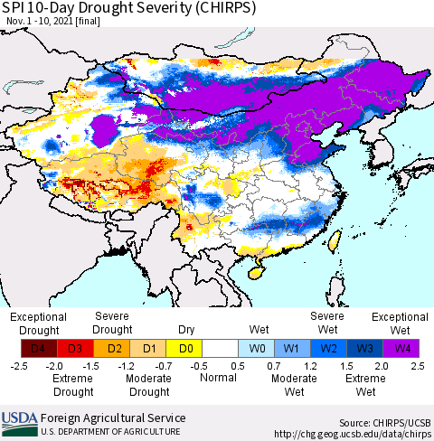 China, Mongolia and Taiwan SPI 10-Day Drought Severity (CHIRPS) Thematic Map For 11/1/2021 - 11/10/2021