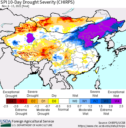 China, Mongolia and Taiwan SPI 10-Day Drought Severity (CHIRPS) Thematic Map For 11/6/2021 - 11/15/2021