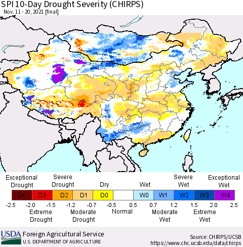 China, Mongolia and Taiwan SPI 10-Day Drought Severity (CHIRPS) Thematic Map For 11/11/2021 - 11/20/2021
