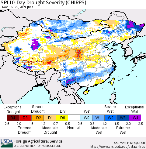 China, Mongolia and Taiwan SPI 10-Day Drought Severity (CHIRPS) Thematic Map For 11/16/2021 - 11/25/2021