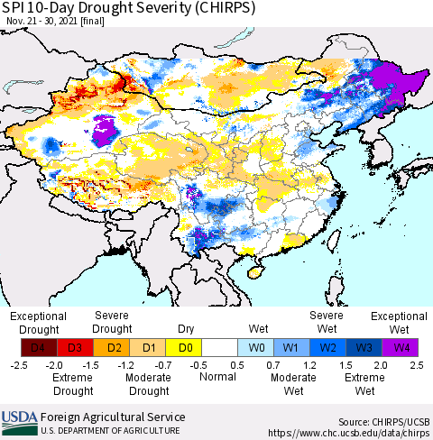 China, Mongolia and Taiwan SPI 10-Day Drought Severity (CHIRPS) Thematic Map For 11/21/2021 - 11/30/2021