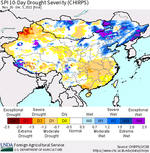 China, Mongolia and Taiwan SPI 10-Day Drought Severity (CHIRPS) Thematic Map For 11/26/2021 - 12/5/2021