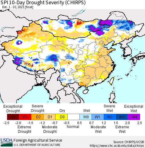 China, Mongolia and Taiwan SPI 10-Day Drought Severity (CHIRPS) Thematic Map For 12/1/2021 - 12/10/2021