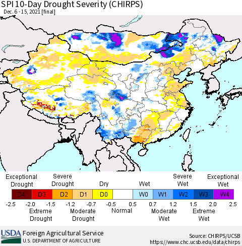 China, Mongolia and Taiwan SPI 10-Day Drought Severity (CHIRPS) Thematic Map For 12/6/2021 - 12/15/2021