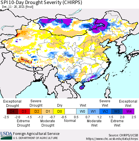 China, Mongolia and Taiwan SPI 10-Day Drought Severity (CHIRPS) Thematic Map For 12/11/2021 - 12/20/2021