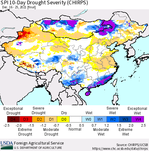 China, Mongolia and Taiwan SPI 10-Day Drought Severity (CHIRPS) Thematic Map For 12/16/2021 - 12/25/2021