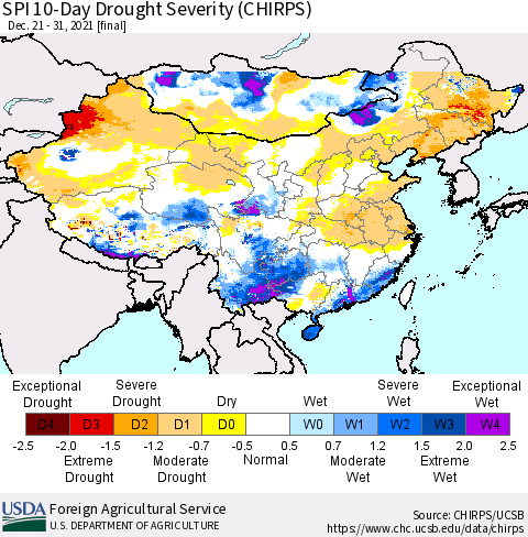 China, Mongolia and Taiwan SPI 10-Day Drought Severity (CHIRPS) Thematic Map For 12/21/2021 - 12/31/2021