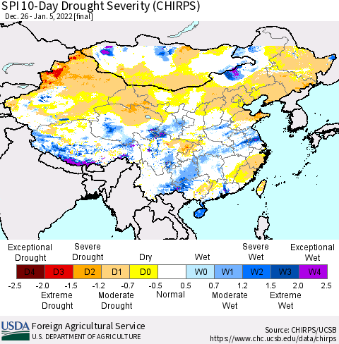 China, Mongolia and Taiwan SPI 10-Day Drought Severity (CHIRPS) Thematic Map For 12/26/2021 - 1/5/2022