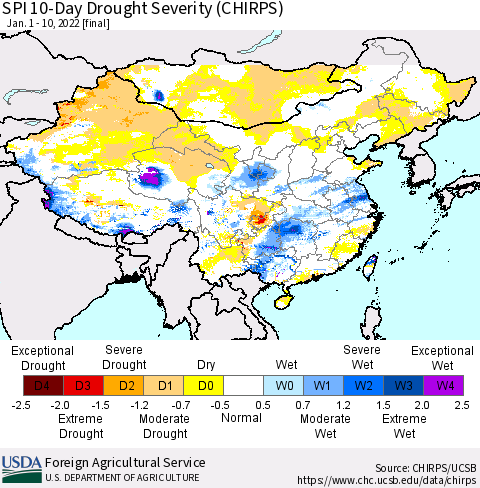 China, Mongolia and Taiwan SPI 10-Day Drought Severity (CHIRPS) Thematic Map For 1/1/2022 - 1/10/2022