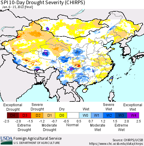 China, Mongolia and Taiwan SPI 10-Day Drought Severity (CHIRPS) Thematic Map For 1/6/2022 - 1/15/2022