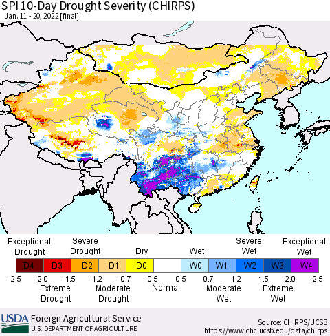 China, Mongolia and Taiwan SPI 10-Day Drought Severity (CHIRPS) Thematic Map For 1/11/2022 - 1/20/2022