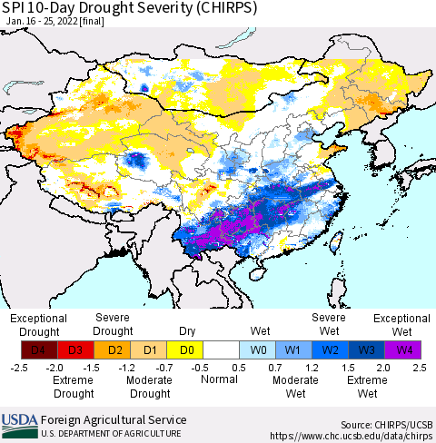 China, Mongolia and Taiwan SPI 10-Day Drought Severity (CHIRPS) Thematic Map For 1/16/2022 - 1/25/2022