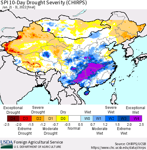 China, Mongolia and Taiwan SPI 10-Day Drought Severity (CHIRPS) Thematic Map For 1/21/2022 - 1/31/2022