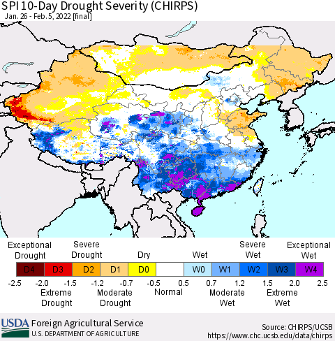 China, Mongolia and Taiwan SPI 10-Day Drought Severity (CHIRPS) Thematic Map For 1/26/2022 - 2/5/2022