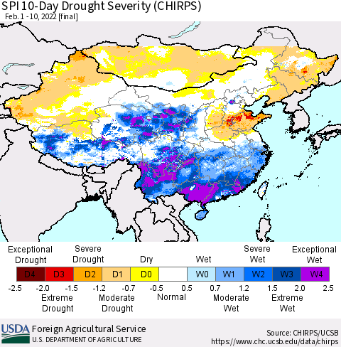 China, Mongolia and Taiwan SPI 10-Day Drought Severity (CHIRPS) Thematic Map For 2/1/2022 - 2/10/2022