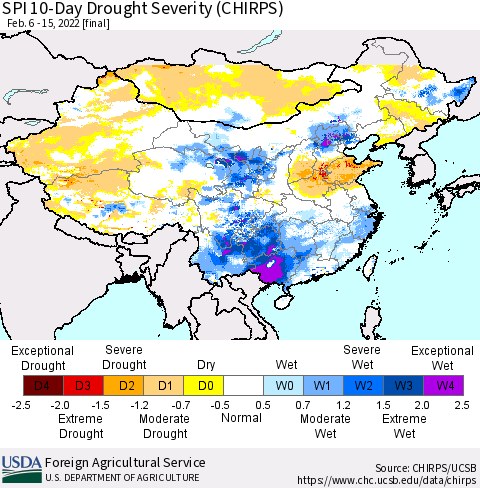 China, Mongolia and Taiwan SPI 10-Day Drought Severity (CHIRPS) Thematic Map For 2/6/2022 - 2/15/2022