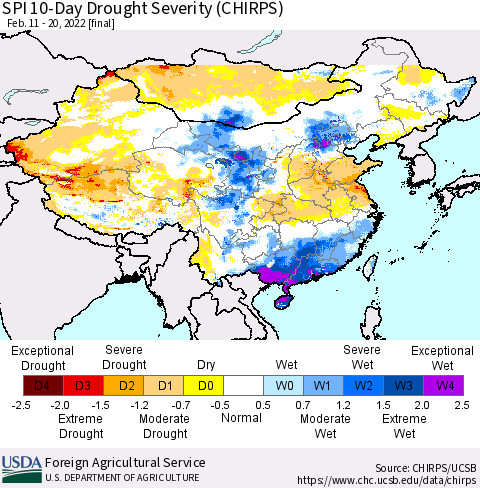 China, Mongolia and Taiwan SPI 10-Day Drought Severity (CHIRPS) Thematic Map For 2/11/2022 - 2/20/2022