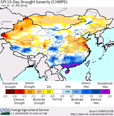 China, Mongolia and Taiwan SPI 10-Day Drought Severity (CHIRPS) Thematic Map For 2/16/2022 - 2/25/2022