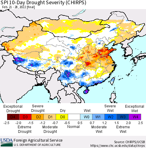 China, Mongolia and Taiwan SPI 10-Day Drought Severity (CHIRPS) Thematic Map For 2/21/2022 - 2/28/2022