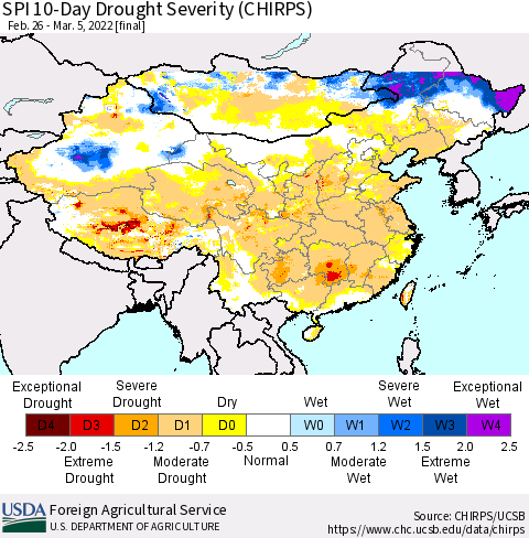 China, Mongolia and Taiwan SPI 10-Day Drought Severity (CHIRPS) Thematic Map For 2/26/2022 - 3/5/2022