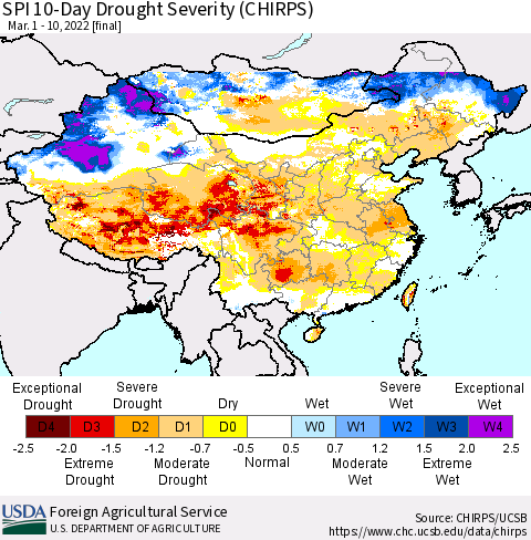 China, Mongolia and Taiwan SPI 10-Day Drought Severity (CHIRPS) Thematic Map For 3/1/2022 - 3/10/2022