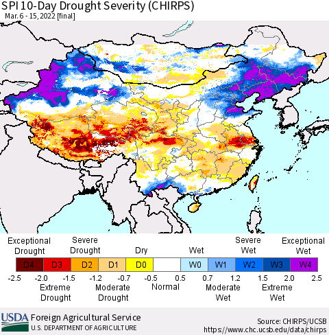 China, Mongolia and Taiwan SPI 10-Day Drought Severity (CHIRPS) Thematic Map For 3/6/2022 - 3/15/2022