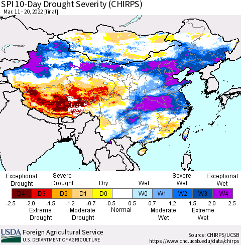 China, Mongolia and Taiwan SPI 10-Day Drought Severity (CHIRPS) Thematic Map For 3/11/2022 - 3/20/2022