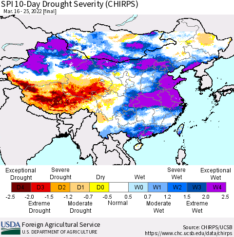 China, Mongolia and Taiwan SPI 10-Day Drought Severity (CHIRPS) Thematic Map For 3/16/2022 - 3/25/2022