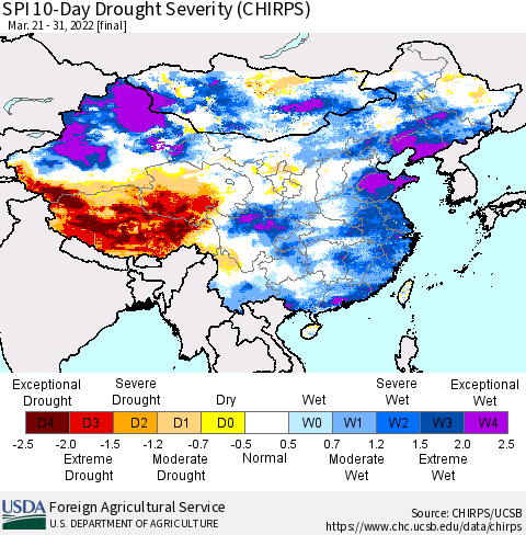 China, Mongolia and Taiwan SPI 10-Day Drought Severity (CHIRPS) Thematic Map For 3/21/2022 - 3/31/2022