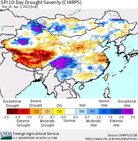 China, Mongolia and Taiwan SPI 10-Day Drought Severity (CHIRPS) Thematic Map For 3/26/2022 - 4/5/2022