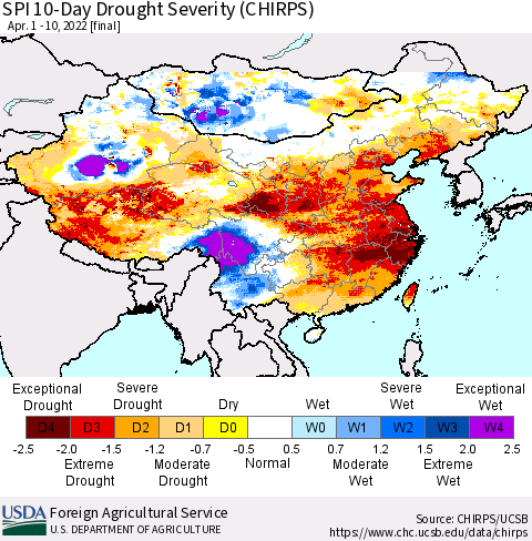 China, Mongolia and Taiwan SPI 10-Day Drought Severity (CHIRPS) Thematic Map For 4/1/2022 - 4/10/2022