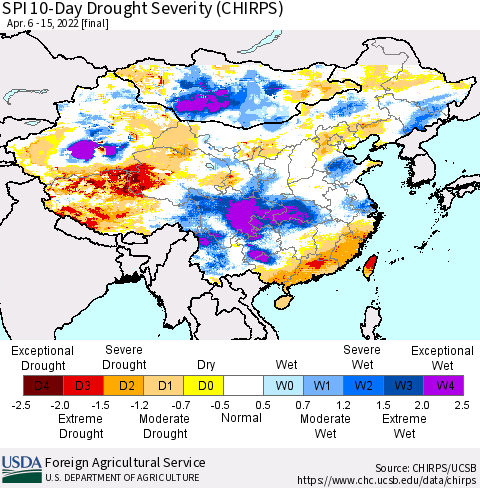 China, Mongolia and Taiwan SPI 10-Day Drought Severity (CHIRPS) Thematic Map For 4/6/2022 - 4/15/2022