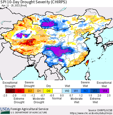 China, Mongolia and Taiwan SPI 10-Day Drought Severity (CHIRPS) Thematic Map For 4/11/2022 - 4/20/2022