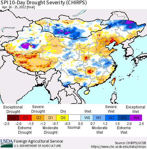 China, Mongolia and Taiwan SPI 10-Day Drought Severity (CHIRPS) Thematic Map For 4/16/2022 - 4/25/2022
