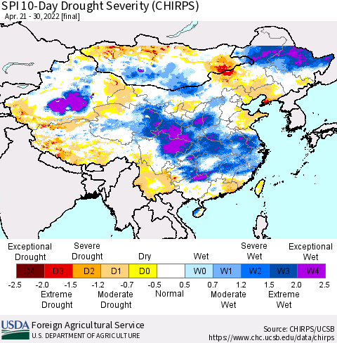 China, Mongolia and Taiwan SPI 10-Day Drought Severity (CHIRPS) Thematic Map For 4/21/2022 - 4/30/2022