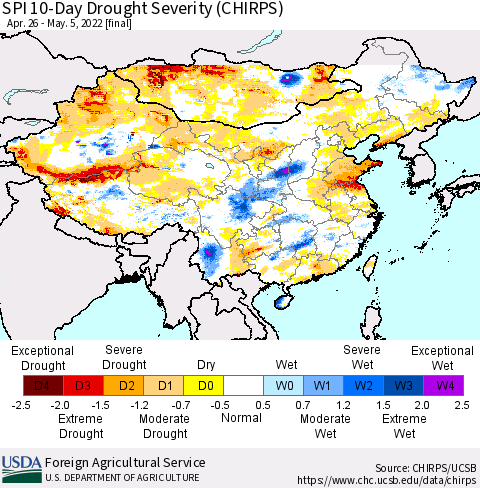 China, Mongolia and Taiwan SPI 10-Day Drought Severity (CHIRPS) Thematic Map For 4/26/2022 - 5/5/2022